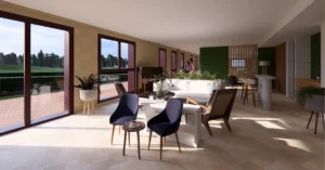 Espace de vie chaleureux dans une résidence seniors construite en paille